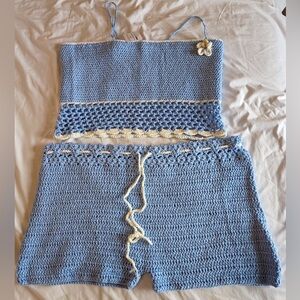 NWT Fashion Nova Daisy Crochet 2 Piece Short Set - Blue/White - Size L